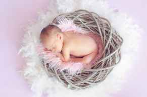 baby sleeping in a basket and a round feather surrounding the basket